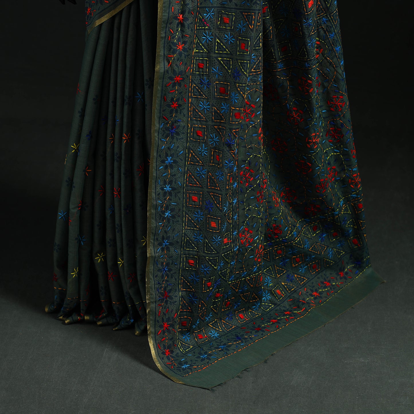 Black - Bengal Kantha Hand Embroidery Silk Cotton Chapa Work Saree 49