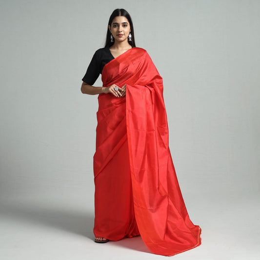 Red - Bishnupuri Kalakshetra Katan Pure Silk Plain Handloom Saree