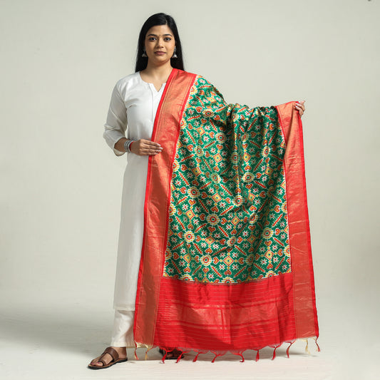 Green - Handspun Handwoven Pochampally Ikat Silk Dupatta with Zari Border