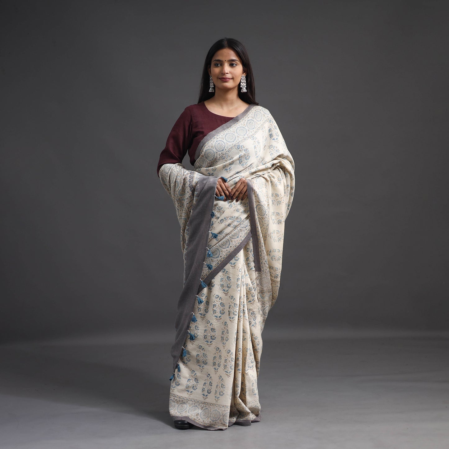 Off White - Merino Wool Block Print Ajrakh Saree with Tassels 09