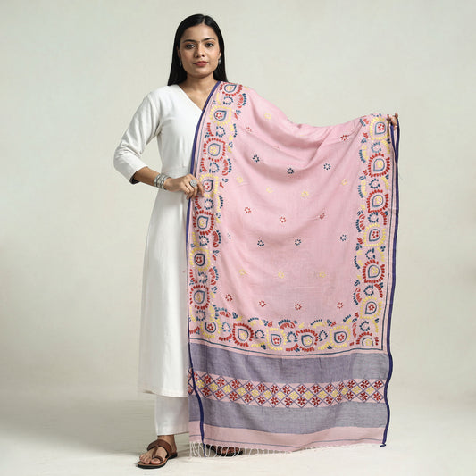 Pink - Bolpur Kantha Embroidery Cotton Handloom Dupatta with Tassels
