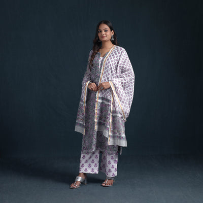 Sequin Work Sanganeri Hand Block Print Chanderi Silk Suit Set with Dupatta for Women 11