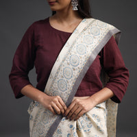 Off White - Merino Wool Block Print Ajrakh Saree with Tassels 09