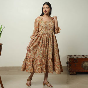 Beige - Kalamkari Block Printed Cotton Tiered Dress 10