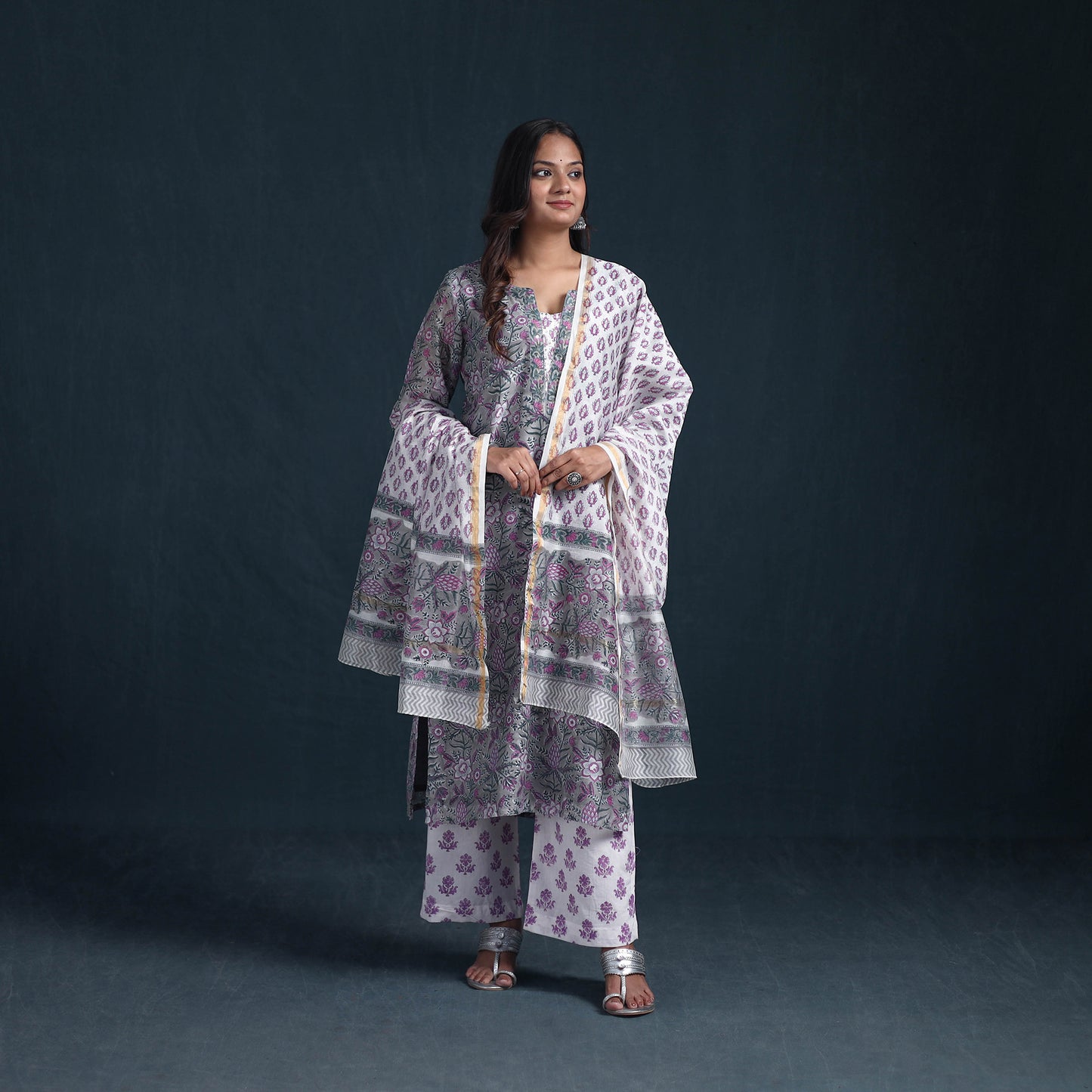 Sequin Work Sanganeri Hand Block Print Chanderi Silk Suit Set with Dupatta for Women 11