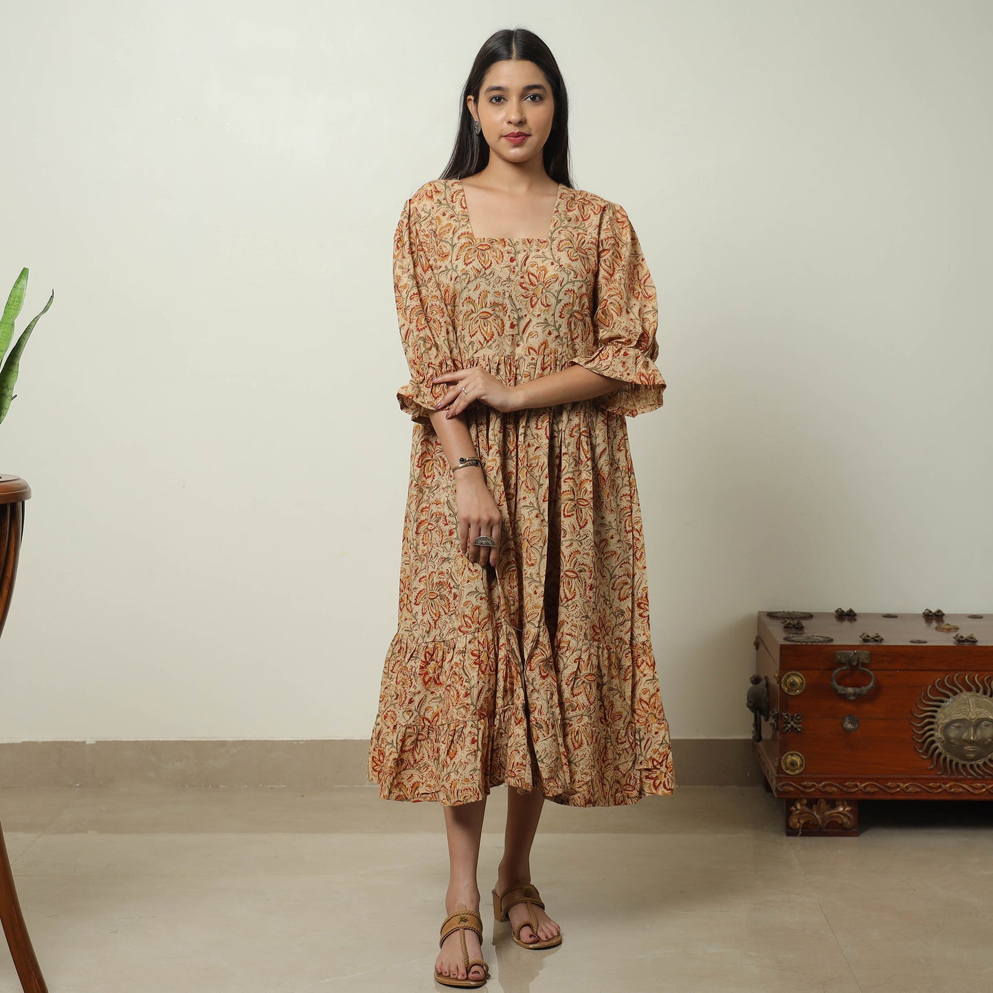 Beige - Kalamkari Block Printed Cotton Tiered Dress 10