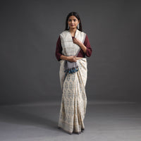 Off White - Merino Wool Block Print Ajrakh Saree with Tassels 09