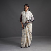 Off White - Merino Wool Block Print Ajrakh Saree with Tassels 09