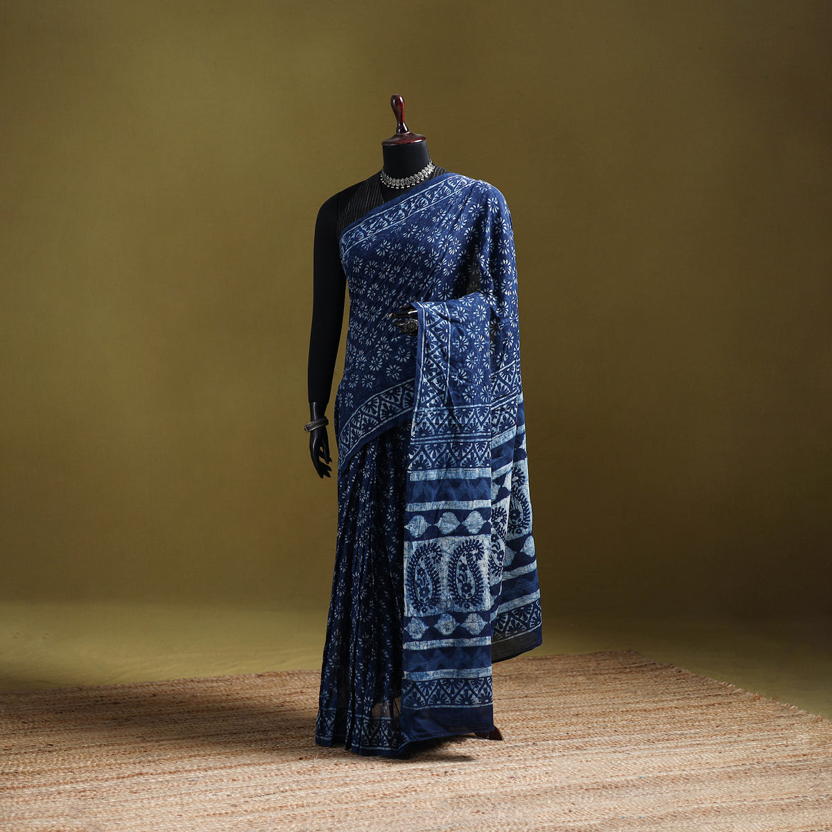 Indigo Bagru Hand Block Print Pure Mul Cotton Ready To Wear Saree 24