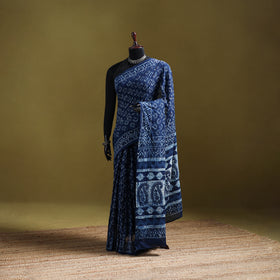 Indigo Bagru Hand Block Print Pure Mul Cotton Ready To Wear Saree 24