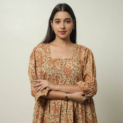 Beige - Kalamkari Block Printed Cotton Tiered Dress 10