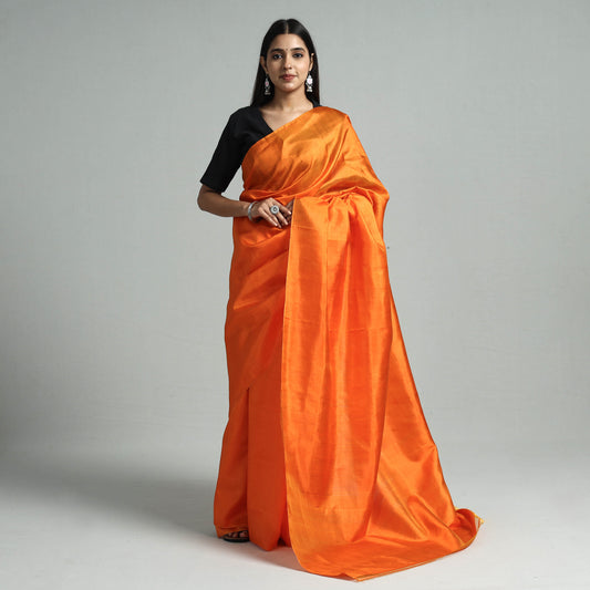 Orange - Bishnupuri Kalakshetra Katan Pure Silk Plain Handloom Saree