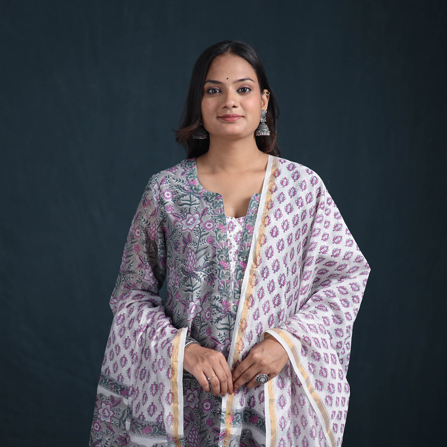 Sequin Work Sanganeri Hand Block Print Chanderi Silk Suit Set with Dupatta for Women 11