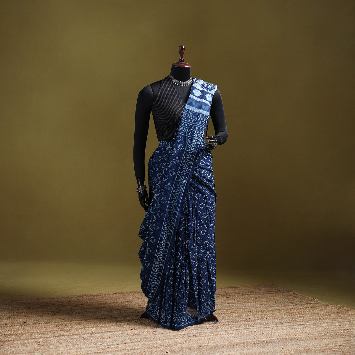 Indigo Bagru Hand Block Print Pure Mul Cotton Ready To Wear Saree 24