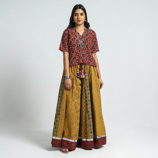 Yellow - Ajrakh Block Printed 24 Kali Patchwork Cotton Long Skirt