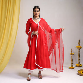 Lace Work Red Plain Cotton Anarkali Kurta with Dupatta Set