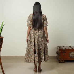Beige - Pedana Kalamkari Block Printed Cotton Tiered Dress 04