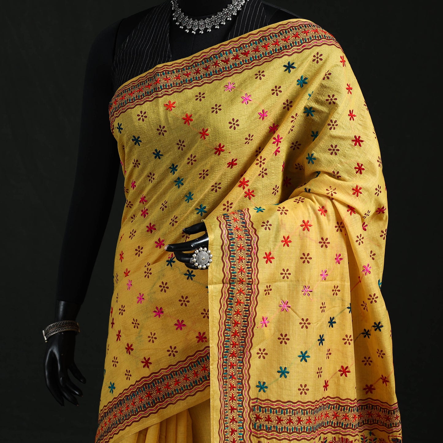 Yellow - Bengal Kantha Hand Embroidery Silk Cotton Chapa Work Saree 52