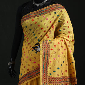 Yellow - Bengal Kantha Hand Embroidery Silk Cotton Chapa Work Saree 52