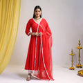 Lace Work Red Plain Cotton Anarkali Kurta with Dupatta Set