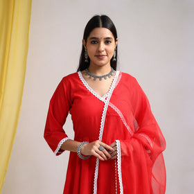 Lace Work Red Plain Cotton Anarkali Kurta with Dupatta Set