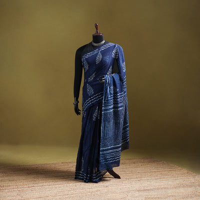 Indigo Bagru Hand Block Print Pure Mul Cotton Ready To Wear Saree 25