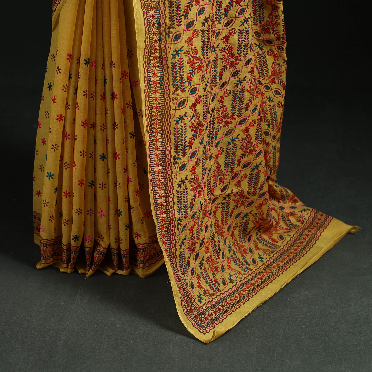 Yellow - Bengal Kantha Hand Embroidery Silk Cotton Chapa Work Saree 52