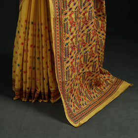 Yellow - Bengal Kantha Hand Embroidery Silk Cotton Chapa Work Saree 52