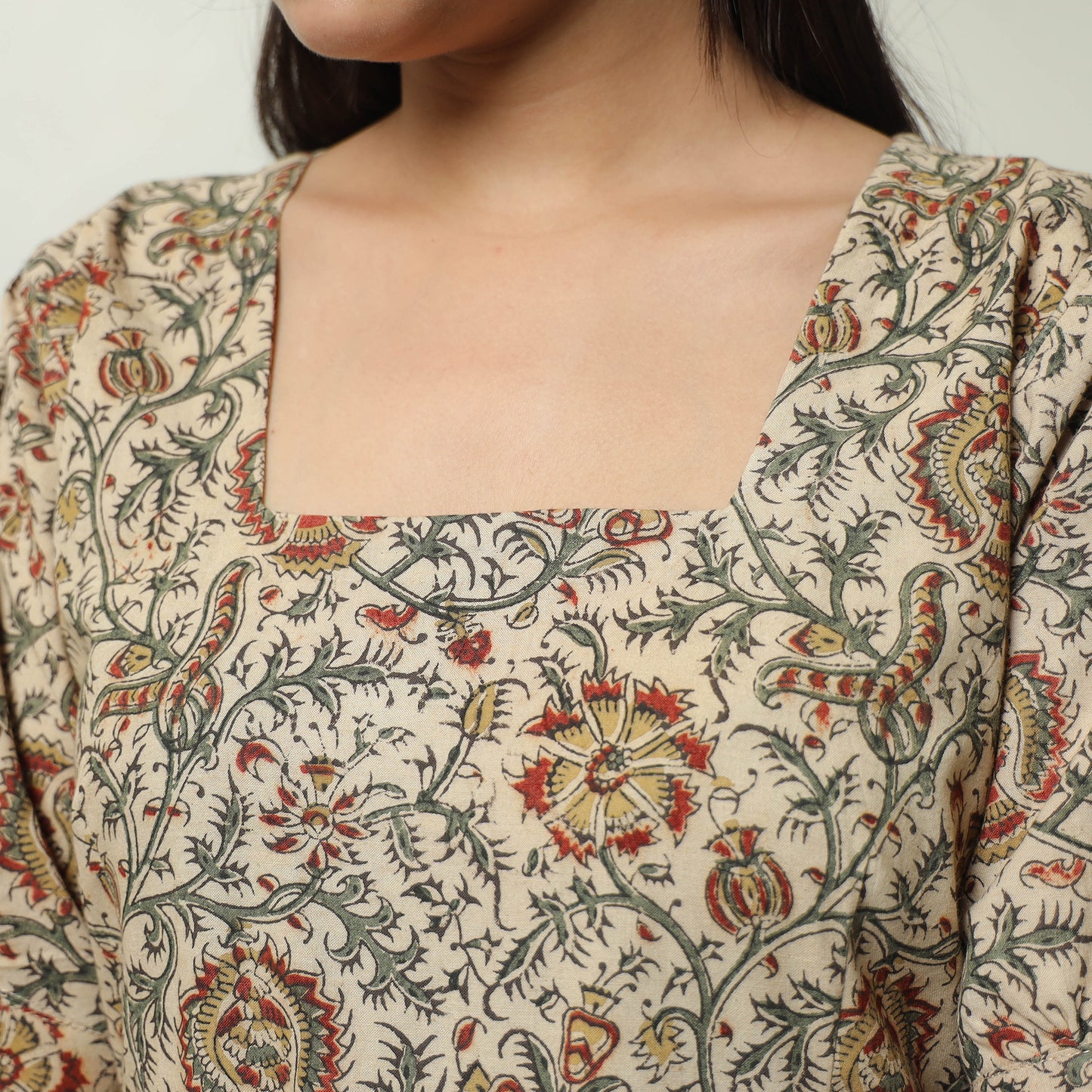 Beige - Pedana Kalamkari Block Printed Cotton Tiered Dress 04