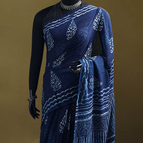 Indigo Bagru Hand Block Print Pure Mul Cotton Ready To Wear Saree 25
