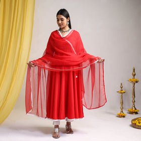 Lace Work Red Plain Cotton Anarkali Kurta with Dupatta Set