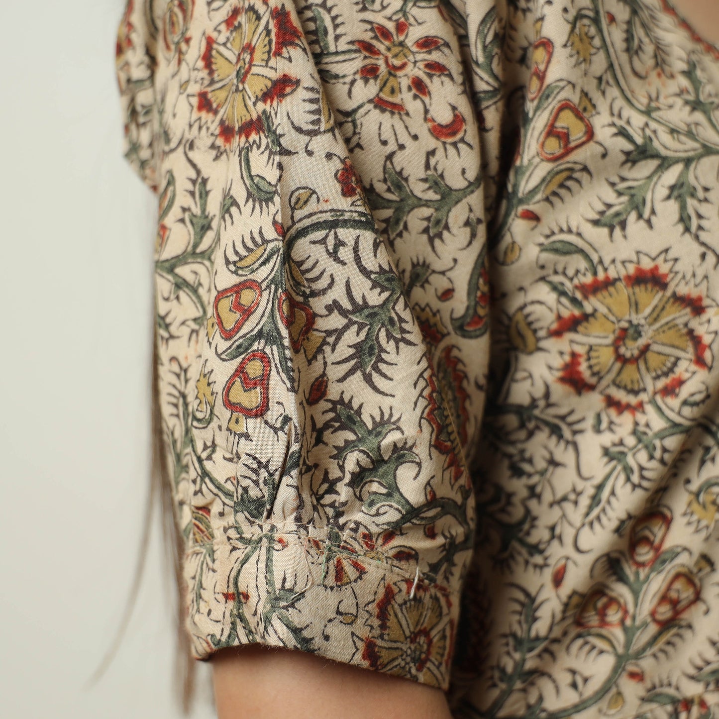 Beige - Pedana Kalamkari Block Printed Cotton Tiered Dress 04