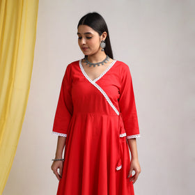 Lace Work Red Plain Cotton Anarkali Kurta with Dupatta Set