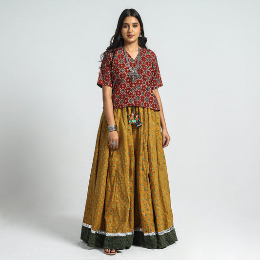 Yellow - Ajrakh Block Printed 24 Kali Patchwork Cotton Long Skirt