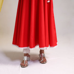 Lace Work Red Plain Cotton Anarkali Kurta with Dupatta Set
