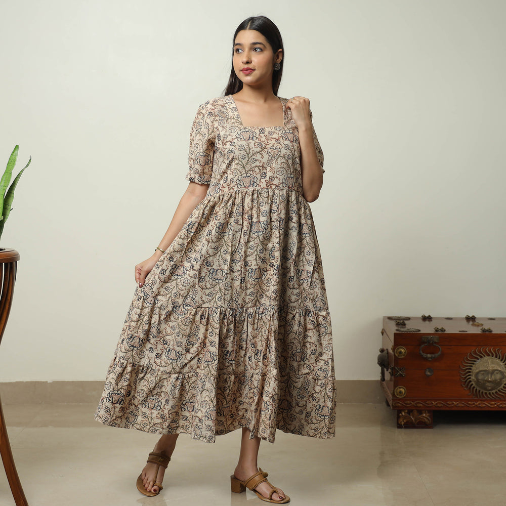 Beige - Pedana Kalamkari Block Printed Cotton Tiered Dress 02