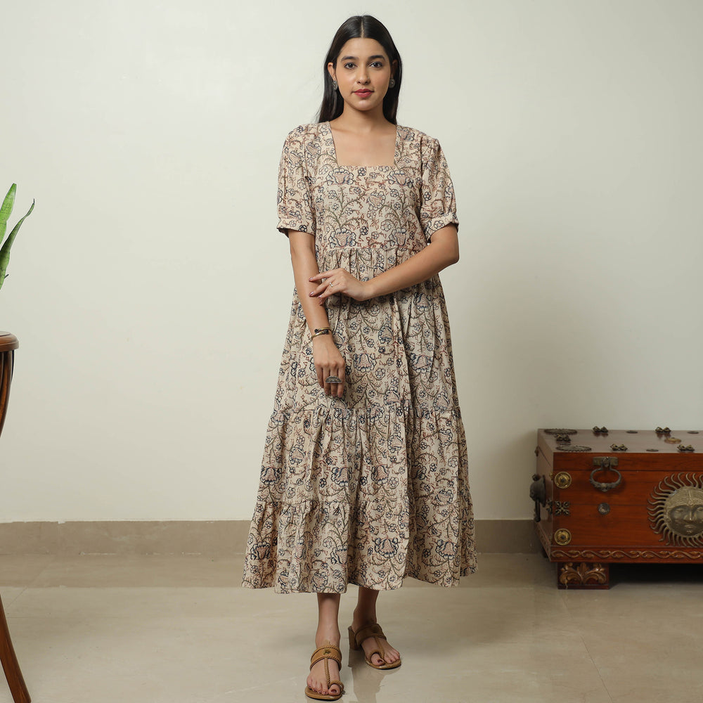 Beige - Pedana Kalamkari Block Printed Cotton Tiered Dress 02