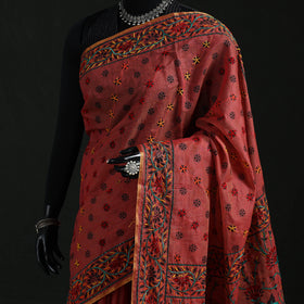 Maroon - Bengal Kantha Hand Embroidery Silk Cotton Chapa Work Saree 53