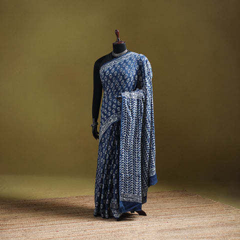 Indigo Bagru Hand Block Print Pure Mul Cotton Ready To Wear Saree 26