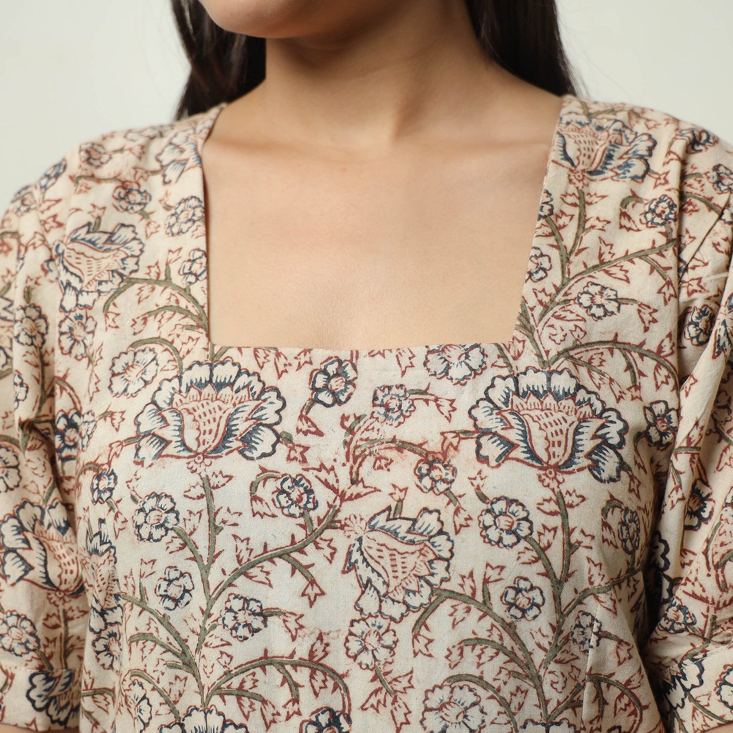 Beige - Pedana Kalamkari Block Printed Cotton Tiered Dress 02