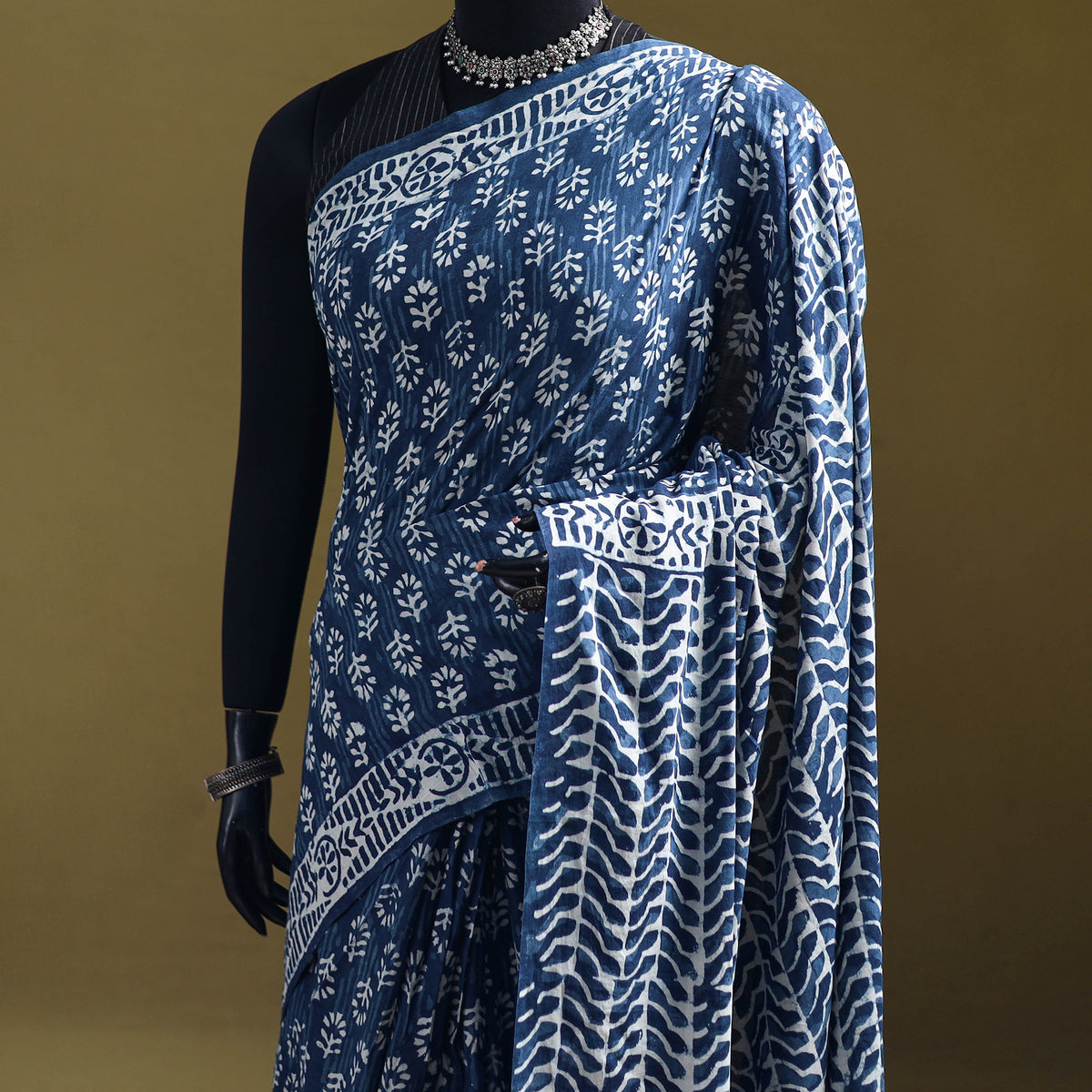 Indigo Bagru Hand Block Print Pure Mul Cotton Ready To Wear Saree 26
