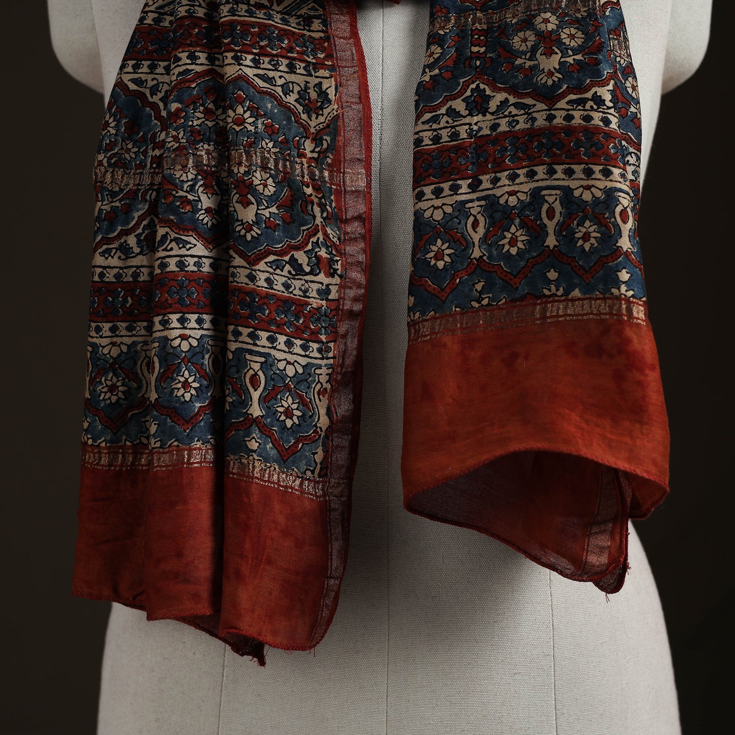 Handloom Chanderi Silk Ajrakh Hand Block Print Natural Dyed Stole 02