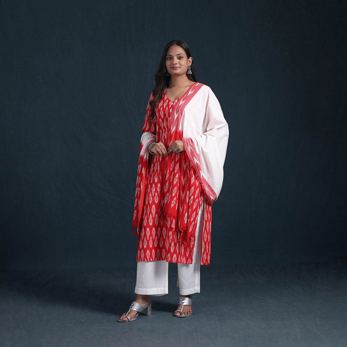 Pochampally Ikat Cotton Suit Set with Dupatta for Women 19