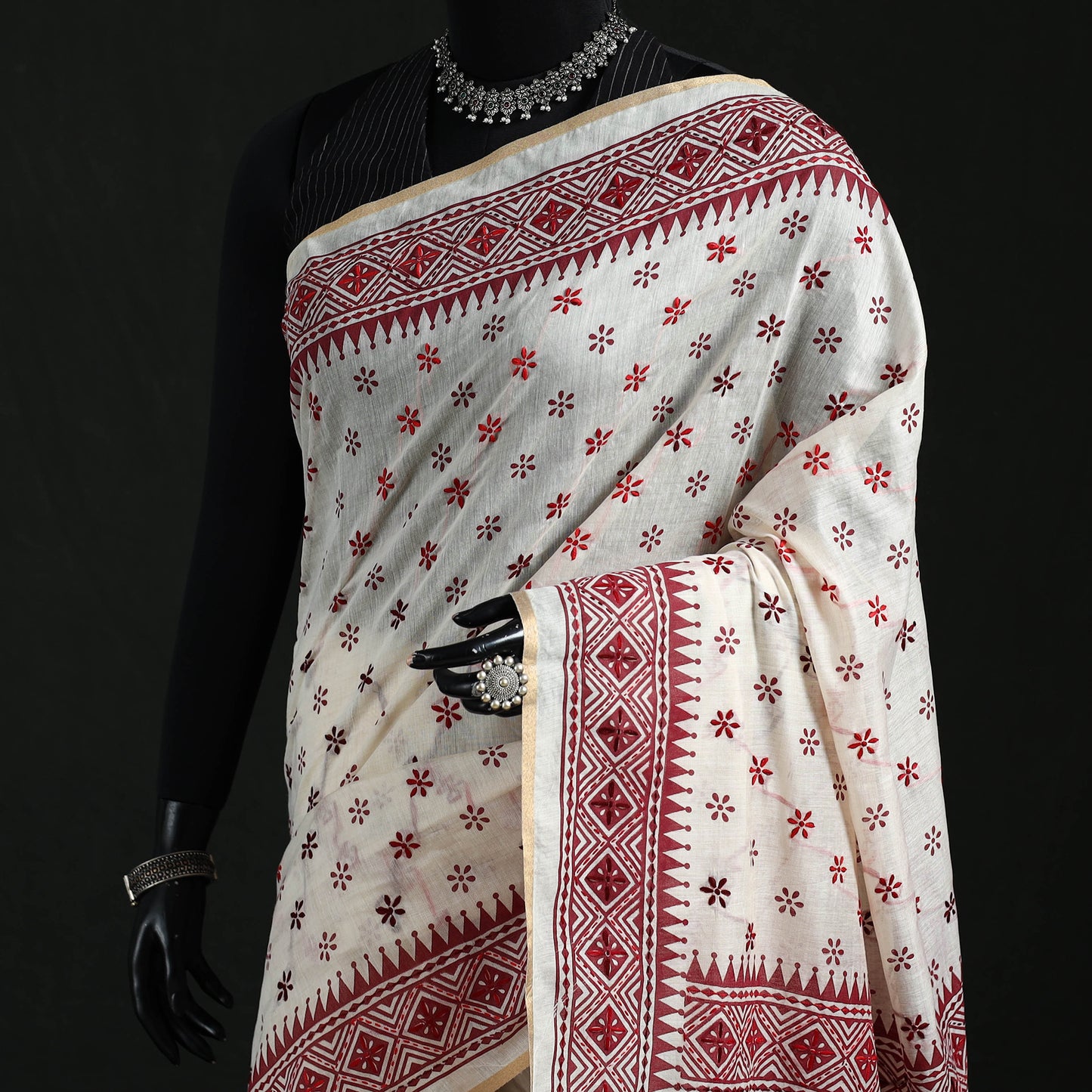 White - Bengal Kantha Hand Embroidery Silk Cotton Chapa Work Saree 54