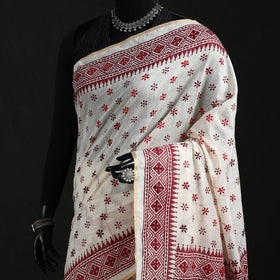 White - Bengal Kantha Hand Embroidery Silk Cotton Chapa Work Saree 54