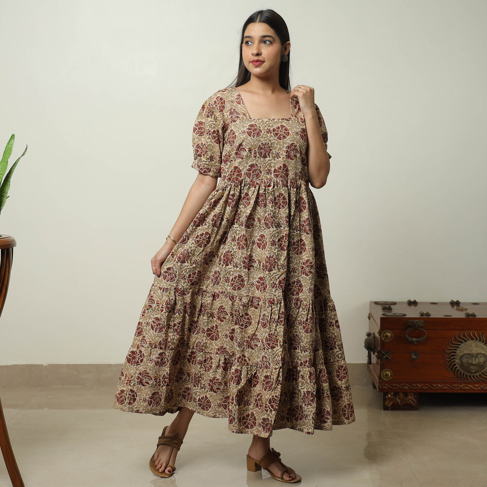 Beige - Pedana Kalamkari Block Printed Cotton Tiered Dress 03