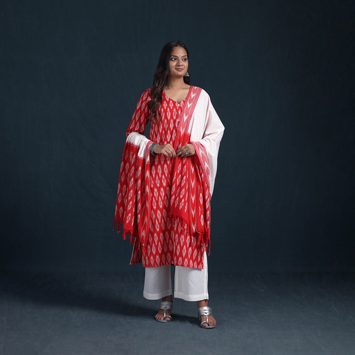 Pochampally Ikat Cotton Suit Set with Dupatta for Women 19