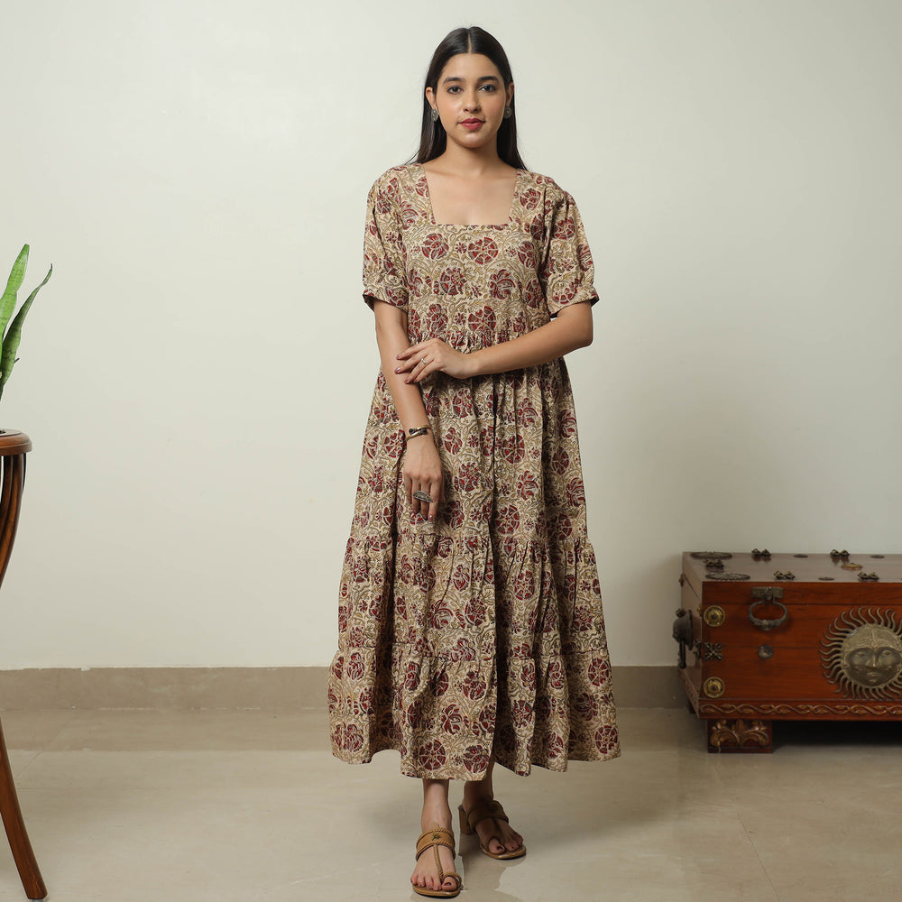 Beige - Pedana Kalamkari Block Printed Cotton Tiered Dress 03