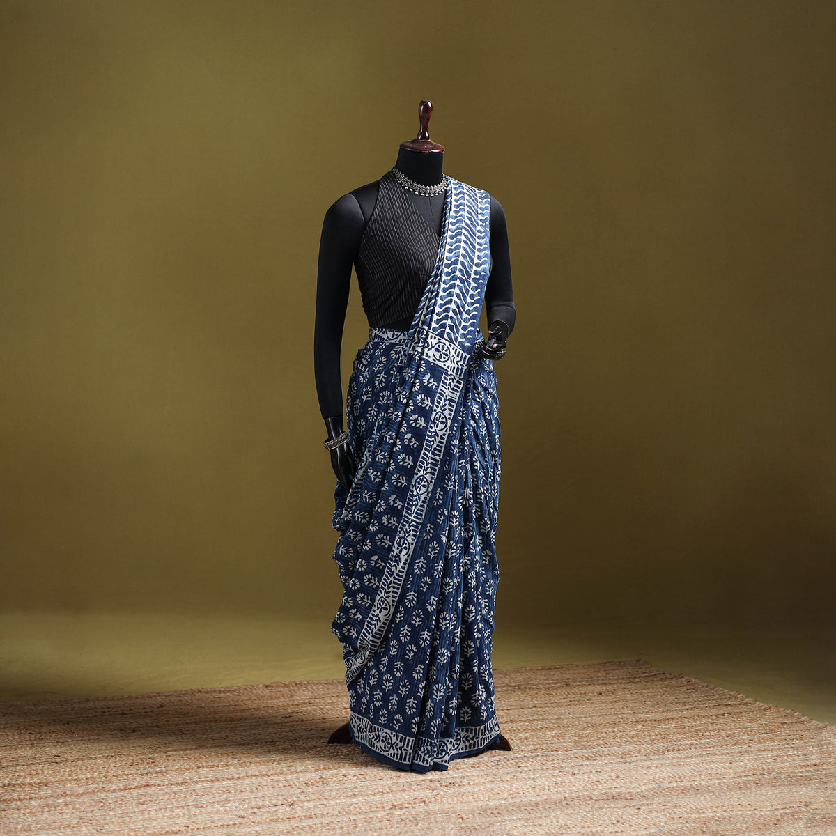Indigo Bagru Hand Block Print Pure Mul Cotton Ready To Wear Saree 26