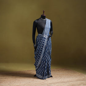 Indigo Bagru Hand Block Print Pure Mul Cotton Ready To Wear Saree 26